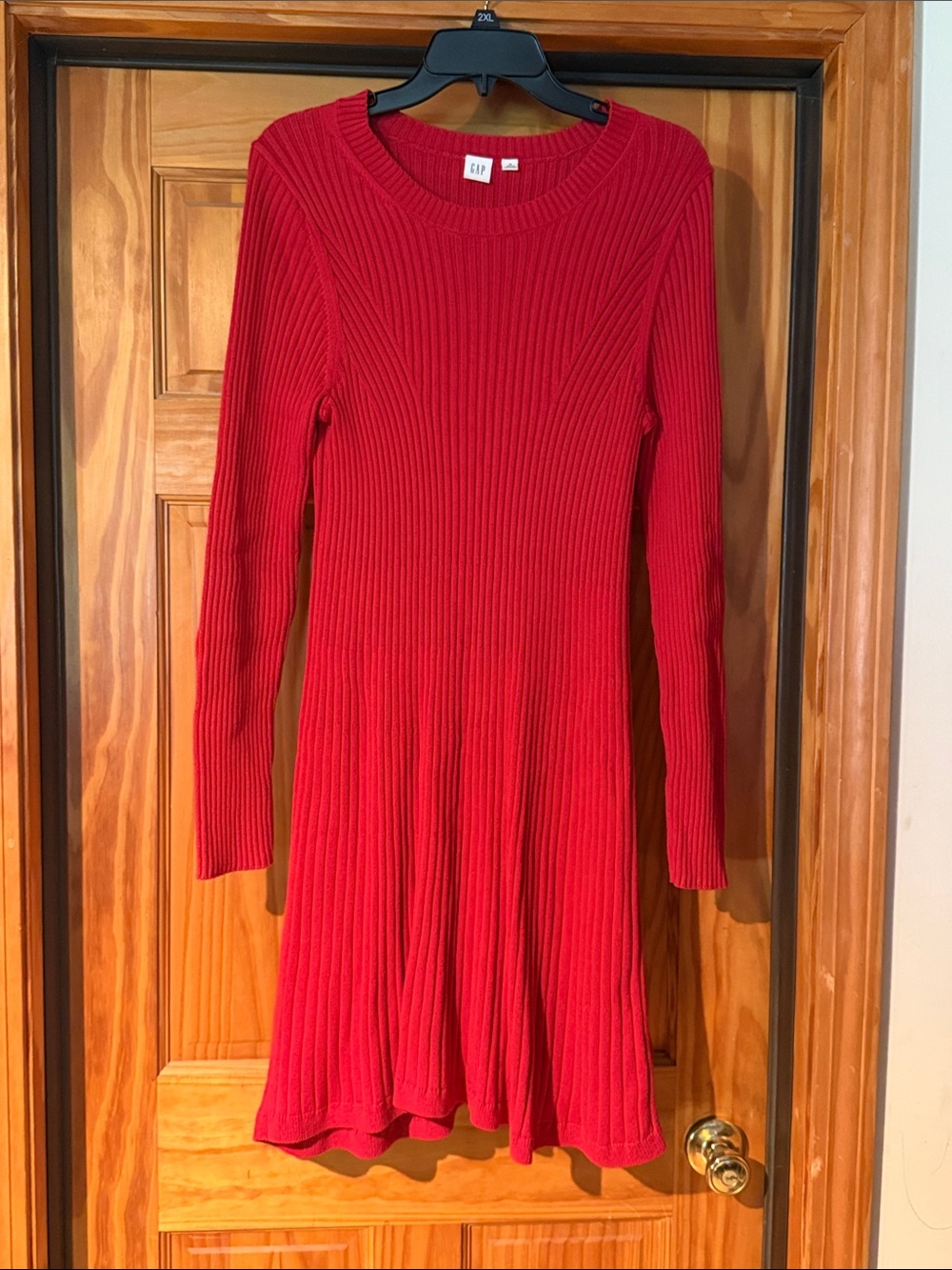 GAP Red Ribbed Long-Sleeve Fit-and-Flare Dress